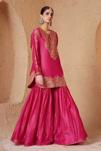 Label Niti Bothra_Pink Silk, Organza, Chanderi Round Neck Mehrang Embroidered Kurta Sharara Set _Online_at_Aza_Fashions
