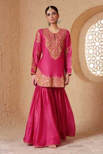Buy_Label Niti Bothra_Pink Silk, Organza, Chanderi Round Neck Mehrang Embroidered Kurta Sharara Set _Online_at_Aza_Fashions
