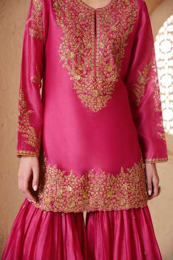 Shop_Label Niti Bothra_Pink Silk, Organza, Chanderi Round Neck Mehrang Embroidered Kurta Sharara Set _Online_at_Aza_Fashions