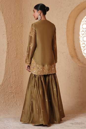 Shop_Label Niti Bothra_Olive Green Silk, Organza, Chanderi Round Neck, Yes Mehrang Heavy Sharara Set _at_Aza_Fashions