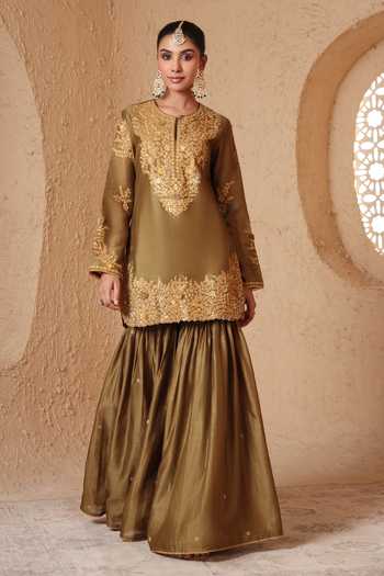 Label Niti Bothra_Olive Green Silk, Organza, Chanderi Round Neck, Yes Mehrang Heavy Sharara Set _Online_at_Aza_Fashions