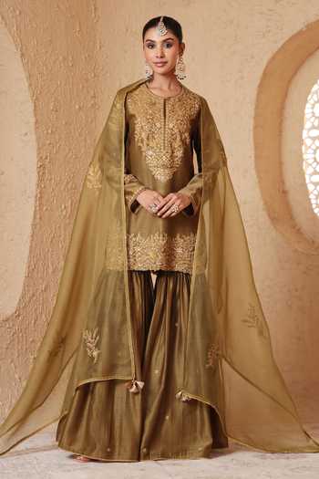Buy_Label Niti Bothra_Olive Green Silk, Organza, Chanderi Round Neck, Yes Mehrang Heavy Sharara Set _Online_at_Aza_Fashions