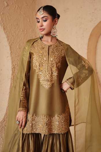 Shop_Label Niti Bothra_Olive Green Silk, Organza, Chanderi Round Neck, Yes Mehrang Heavy Sharara Set _Online_at_Aza_Fashions