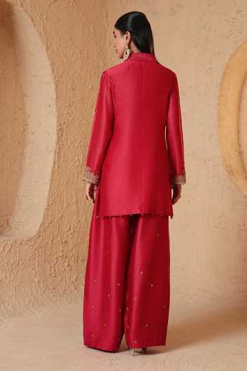 Shop_Label Niti Bothra_Red Silk, Chanderi, Tencel, Organza Mandarin Collar Mehrang Short Kurta Set _at_Aza_Fashions