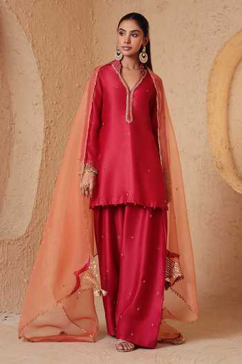 Label Niti Bothra_Red Silk, Chanderi, Tencel, Organza Mandarin Collar Mehrang Short Kurta Set _Online_at_Aza_Fashions