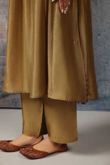 Label Niti Bothra_Olive Green Silk, Chanderi, Tencel Round Neck Mehrang Kurta And Pant Set _Online_at_Aza_Fashions