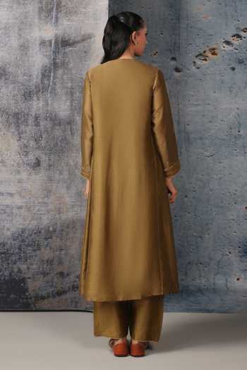 Shop_Label Niti Bothra_Olive Green Silk, Chanderi, Tencel Round Neck Mehrang Kurta And Pant Set _at_Aza_Fashions