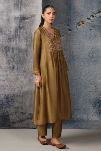 Shop_Label Niti Bothra_Olive Green Silk, Chanderi, Tencel Round Neck Mehrang Kurta And Pant Set _Online_at_Aza_Fashions