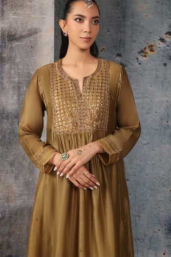 Label Niti Bothra_Olive Green Silk, Chanderi, Tencel Round Neck Mehrang Kurta And Pant Set _at_Aza_Fashions