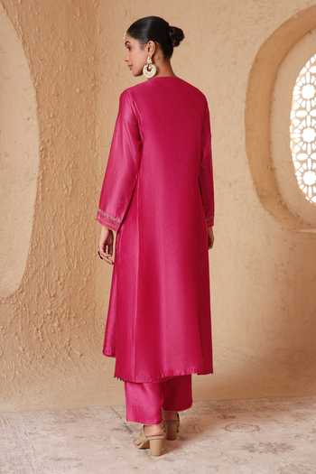 Shop_Label Niti Bothra_Pink Silk, Chanderi, Tencel Split Mehrang Embroidered Anarkali And Pant Set _at_Aza_Fashions