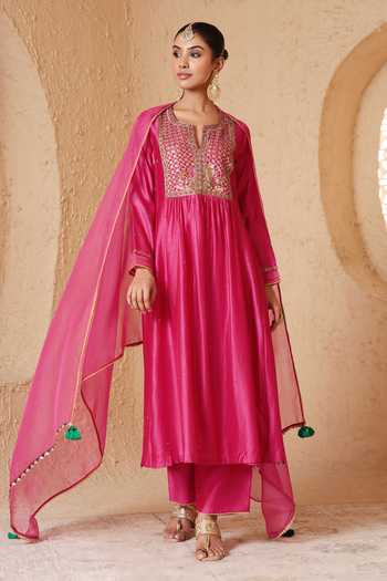 Label Niti Bothra_Pink Silk, Chanderi, Tencel Split Mehrang Embroidered Anarkali And Pant Set _Online_at_Aza_Fashions