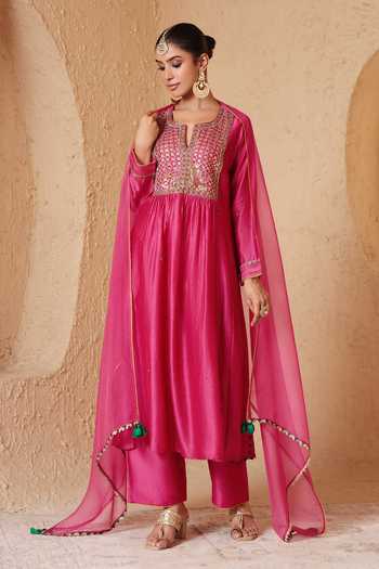 Buy_Label Niti Bothra_Pink Silk, Chanderi, Tencel Split Mehrang Embroidered Anarkali And Pant Set _Online_at_Aza_Fashions
