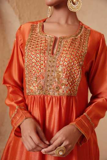 Label Niti Bothra_Orange Silk, Chanderi, Tencel Round Neck Mehrang Embroidered Kurta And Pant Set _Online_at_Aza_Fashions