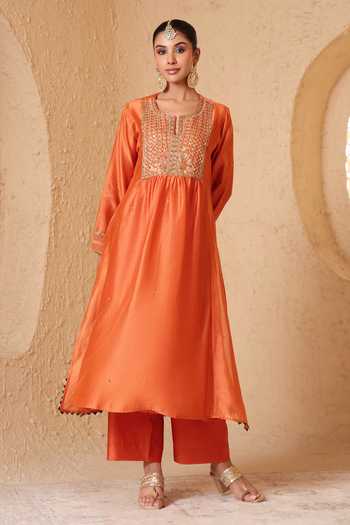 Buy_Label Niti Bothra_Orange Silk, Chanderi, Tencel Round Neck Mehrang Embroidered Kurta And Pant Set _Online_at_Aza_Fashions