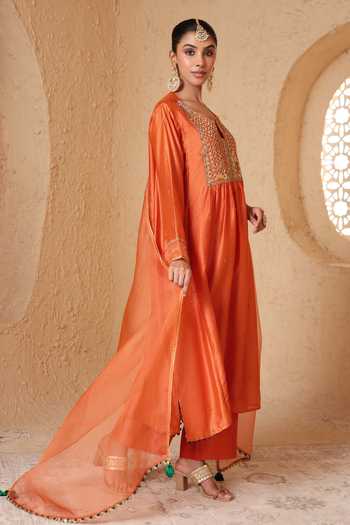 Shop_Label Niti Bothra_Orange Silk, Chanderi, Tencel Round Neck Mehrang Embroidered Kurta And Pant Set _Online_at_Aza_Fashions