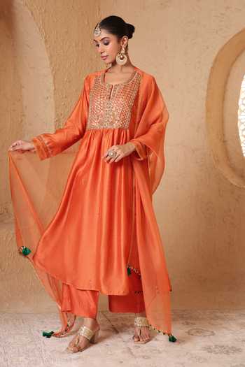 Label Niti Bothra_Orange Silk, Chanderi, Tencel Round Neck Mehrang Embroidered Kurta And Pant Set _at_Aza_Fashions