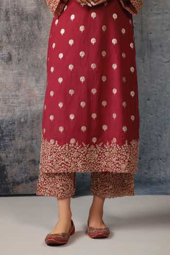 Buy_Label Niti Bothra_Maroon Silk, Chanderi, Kota Doria Round Neck, Yes Mehrang Kurta Set _Online_at_Aza_Fashions