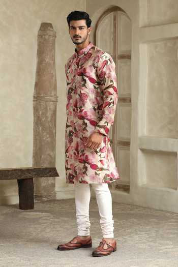 Kudrat Couture_Cream Silk, Cotton Cherry Blossom Print Kurta _Online_at_Aza_Fashions