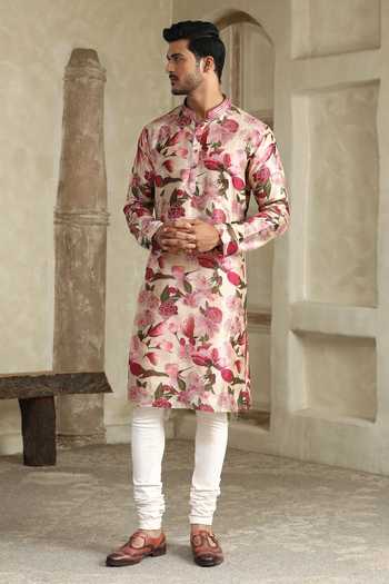 Buy_Kudrat Couture_Cream Silk, Cotton Cherry Blossom Print Kurta _at_Aza_Fashions