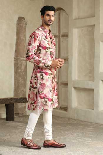 Buy_Kudrat Couture_Cream Silk, Cotton Cherry Blossom Print Kurta _Online_at_Aza_Fashions