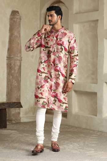 Shop_Kudrat Couture_Cream Silk, Cotton Cherry Blossom Print Kurta _Online_at_Aza_Fashions