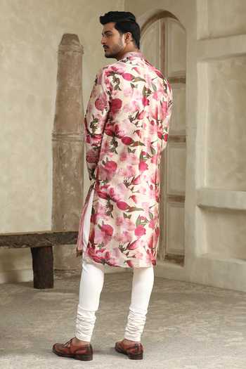 Shop_Kudrat Couture_Cream Silk, Cotton Cherry Blossom Print Kurta _at_Aza_Fashions