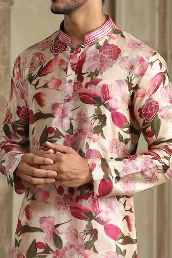Kudrat Couture_Cream Silk, Cotton Cherry Blossom Print Kurta _at_Aza_Fashions