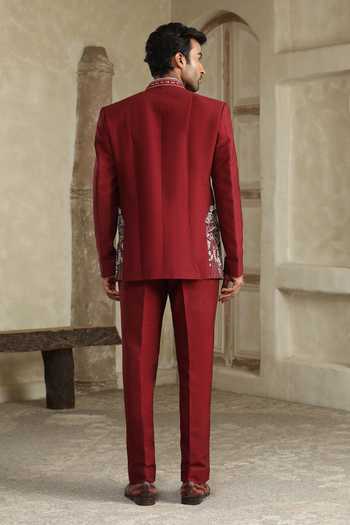 Shop_Kudrat Couture_Maroon Silk, Satin Mirrors, Zari Bageecha Embroidered Bandhgala Set _at_Aza_Fashions