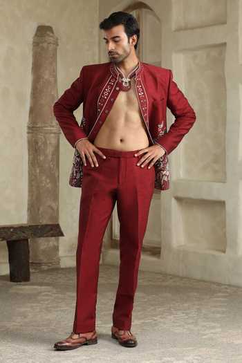 Kudrat Couture_Maroon Silk, Satin Mirrors, Zari Bageecha Embroidered Bandhgala Set _Online_at_Aza_Fashions