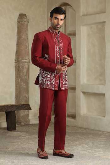 Buy_Kudrat Couture_Maroon Silk, Satin Mirrors, Zari Bageecha Embroidered Bandhgala Set _Online_at_Aza_Fashions
