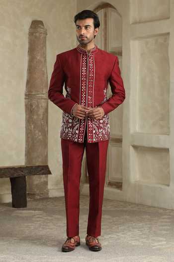 Shop_Kudrat Couture_Maroon Silk, Satin Mirrors, Zari Bageecha Embroidered Bandhgala Set _Online_at_Aza_Fashions