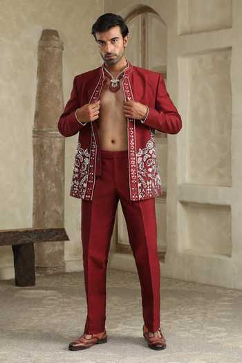 Kudrat Couture_Maroon Silk, Satin Mirrors, Zari Bageecha Embroidered Bandhgala Set _at_Aza_Fashions