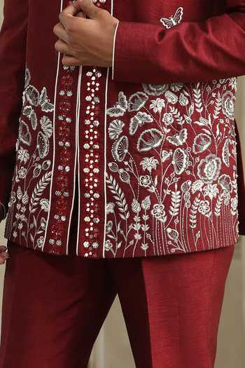 Buy_Kudrat Couture_Maroon Silk, Satin Mirrors, Zari Bageecha Embroidered Bandhgala Set 
