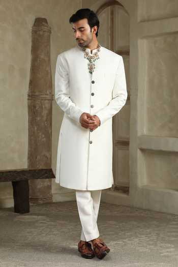 Kudrat Couture_White Silk, Cotton, Satin Shwet Raj Plain Sherwani Set _Online_at_Aza_Fashions