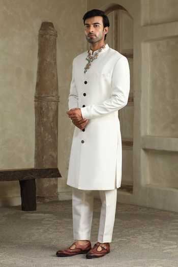 Buy_Kudrat Couture_White Silk, Cotton, Satin Shwet Raj Plain Sherwani Set _Online_at_Aza_Fashions