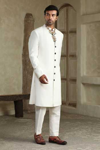 Shop_Kudrat Couture_White Silk, Cotton, Satin Shwet Raj Plain Sherwani Set _Online_at_Aza_Fashions