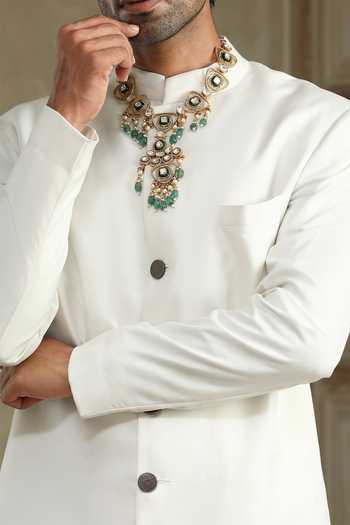 Kudrat Couture_White Silk, Cotton, Satin Shwet Raj Plain Sherwani Set _at_Aza_Fashions