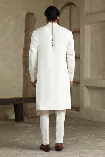 Shop_Kudrat Couture_White Silk, Cotton, Satin Shwet Raj Plain Sherwani Set _at_Aza_Fashions