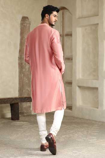 Shop_Kudrat Couture_Pink Cotton, Chanderi Silk, Lycra Gulabi Noor Embroidered Kurta Set _at_Aza_Fashions