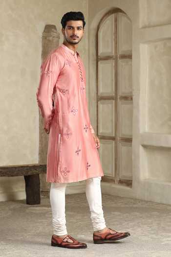 Kudrat Couture_Pink Cotton, Chanderi Silk, Lycra Gulabi Noor Embroidered Kurta Set _Online_at_Aza_Fashions