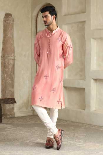 Buy_Kudrat Couture_Pink Cotton, Chanderi Silk, Lycra Gulabi Noor Embroidered Kurta Set _Online_at_Aza_Fashions
