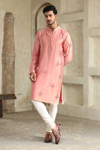 Shop_Kudrat Couture_Pink Cotton, Chanderi Silk, Lycra Gulabi Noor Embroidered Kurta Set _Online_at_Aza_Fashions