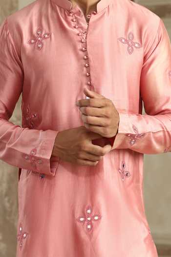Kudrat Couture_Pink Cotton, Chanderi Silk, Lycra Gulabi Noor Embroidered Kurta Set _at_Aza_Fashions