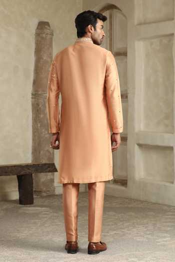 Shop_Kudrat Couture_Gold Silk, Cotton Surajmukhi Mirror Work Kurta Set _at_Aza_Fashions
