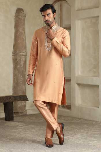Buy_Kudrat Couture_Gold Silk, Cotton Surajmukhi Mirror Work Kurta Set _at_Aza_Fashions
