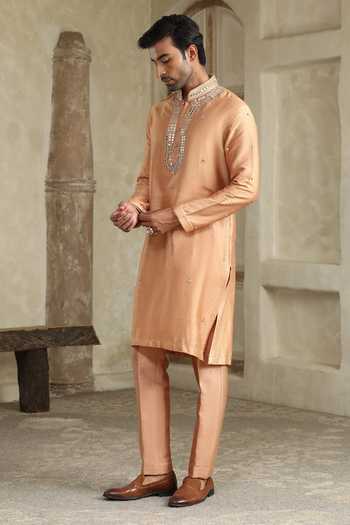 Kudrat Couture_Gold Silk, Cotton Surajmukhi Mirror Work Kurta Set _Online_at_Aza_Fashions