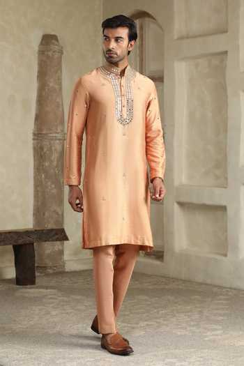Buy_Kudrat Couture_Gold Silk, Cotton Surajmukhi Mirror Work Kurta Set _Online_at_Aza_Fashions