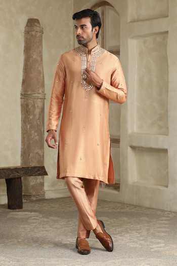 Shop_Kudrat Couture_Gold Silk, Cotton Surajmukhi Mirror Work Kurta Set _Online_at_Aza_Fashions