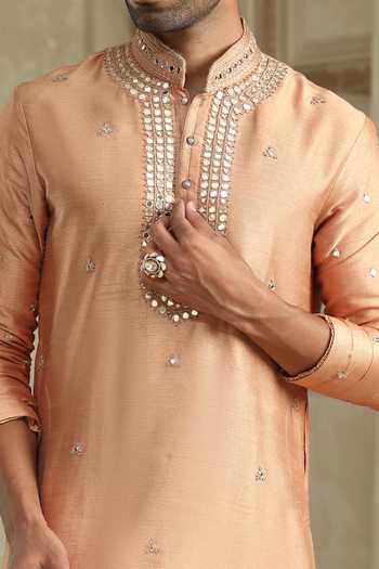 Kudrat Couture_Gold Silk, Cotton Surajmukhi Mirror Work Kurta Set _at_Aza_Fashions
