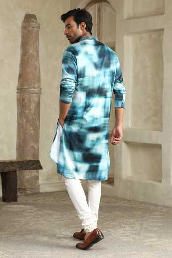 Shop_Kudrat Couture_Blue Silk, Cotton, Satin, Lycra Neel Ishq Printed Kurta Set _at_Aza_Fashions